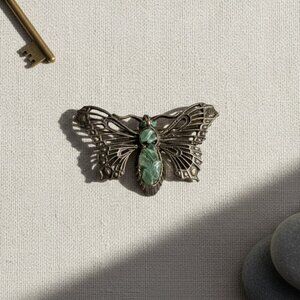 Vintage Art Deco Butterfly Brooch with Malachite Accent